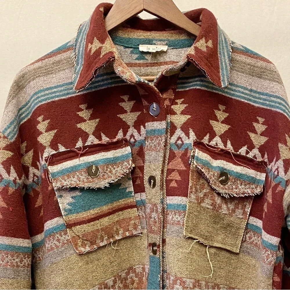 La Miel Size Small Aztec Shacket Western Shirt Jacket Frayed Hems Cowgirl